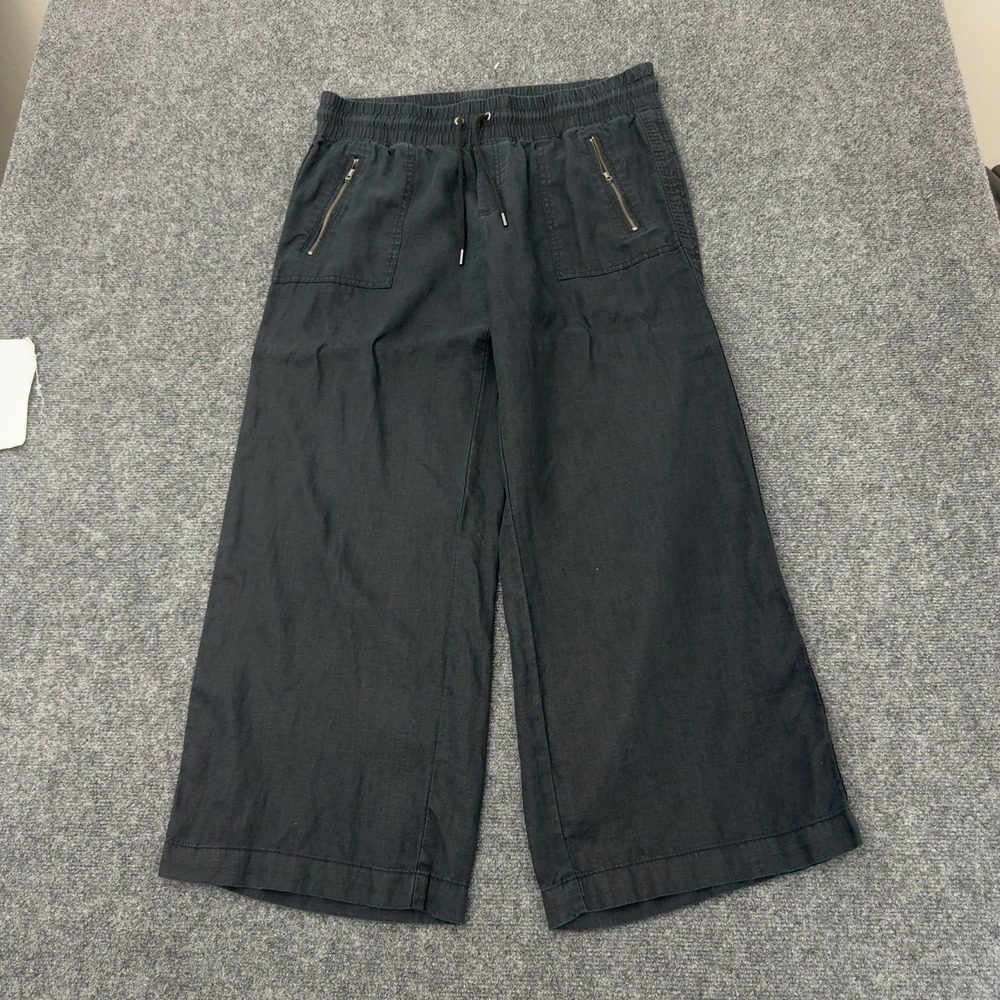 Athleta Cabo Wide Leg Pant Womens 12P Black Linen Drawstring Casual Summer